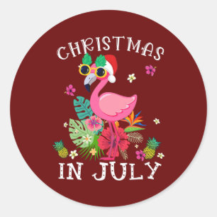Christmas In July Pink Flamingo Hawaii Funny Classic Round Sticker