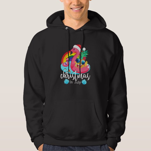 Christmas In July Pink Flamingo Hawaiian Summer Ki Hoodie (Front)