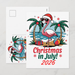 Christmas In July Pink Flamingo Santa Hat 2026 Holiday Postcard
