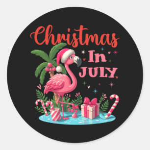 Christmas In July Pink Flamingo Santa Hat Men Wome Classic Round Sticker