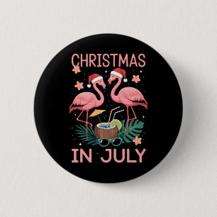 Christmas In July Pink Flamingo With Santa Hat  6 Cm Round Badge