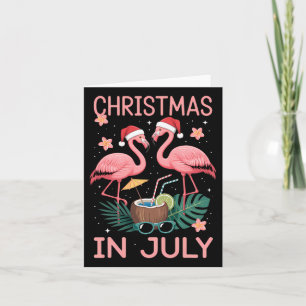 Christmas In July Pink Flamingo With Santa Hat Card
