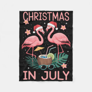 Christmas In July Pink Flamingo With Santa Hat Fleece Blanket