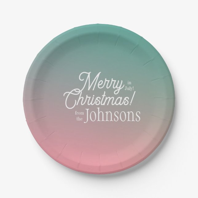 Christmas in July Pink Green Ombre Party Paper Plate (Front)