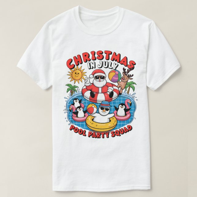 Christmas in July Pool Party Squad Funny Santa Pen T-Shirt (Design Front)