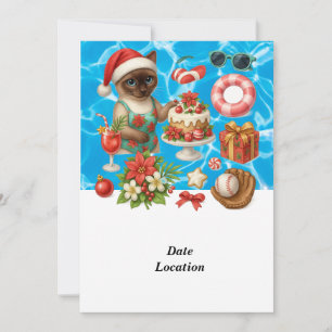 Christmas in July Pool Party  with Santa Cat  Invitation