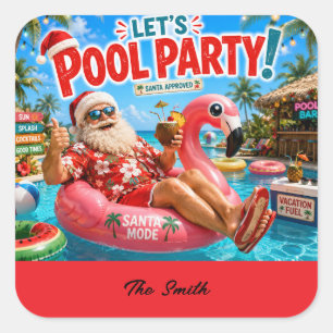 Christmas in July Pool Party with Santa Claus Square Sticker
