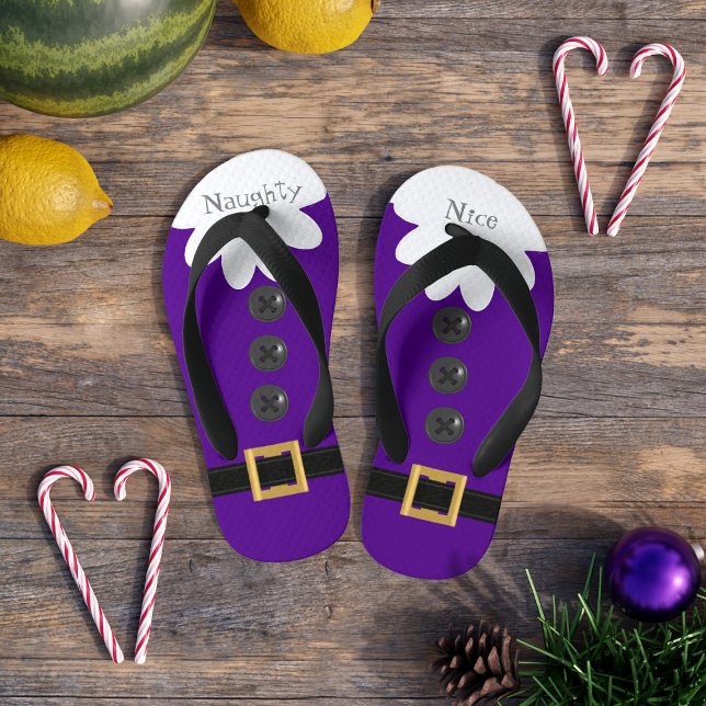 Christmas in July Purple Naughty or Nice Festive Kid's Flip Flops (For Christmas in July (and the one in December) Have you been naughty and nice?)