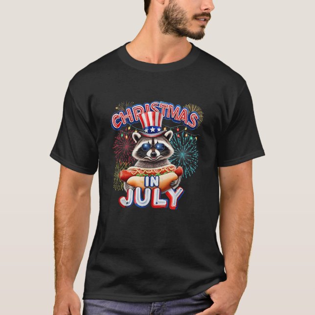 Christmas In July Raccoon Hot Dog Patriotic Humor  T-Shirt (Front)