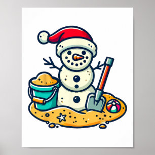 Christmas In July Sand Snowman Santa Hat Shovel Xm Poster