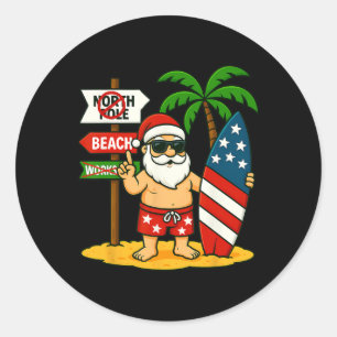 Christmas In July Santa And Surfboard Usa Flag 4th Classic Round Sticker