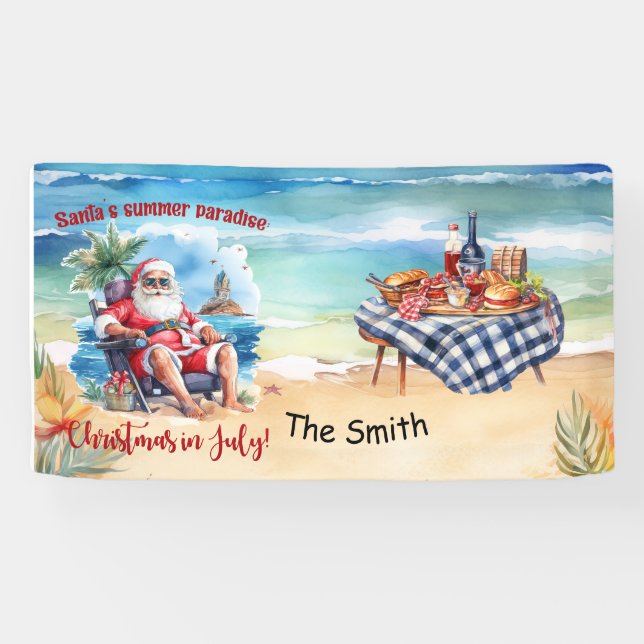 Christmas in July  Santa Claus at the beach funny  Banner (Horizontal)