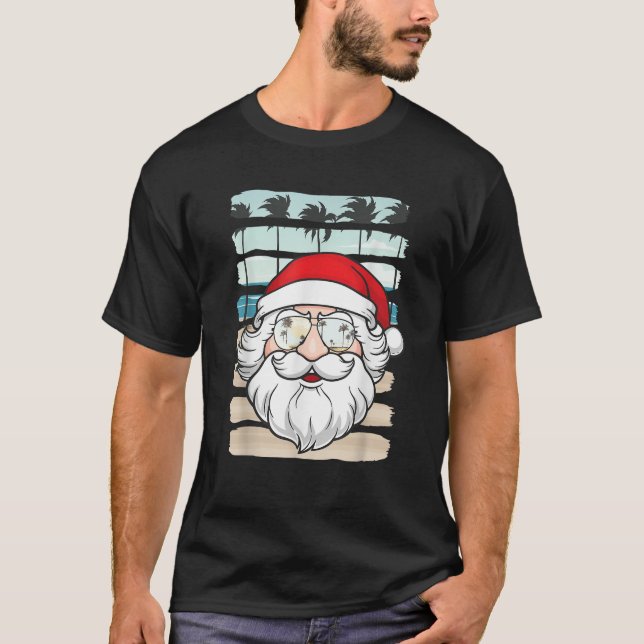 Christmas In July Santa Claus Sunglasses Palm Tree T-Shirt (Front)