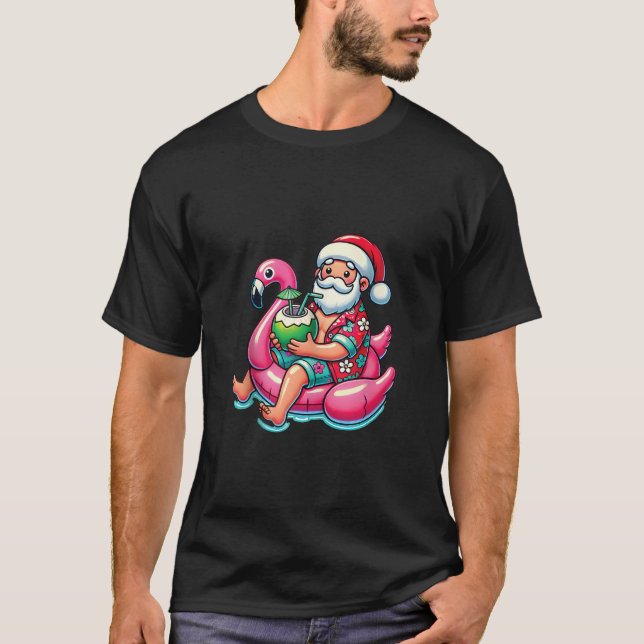 Christmas in July Santa Flamingo Pool Float Beach  T-Shirt (Front)