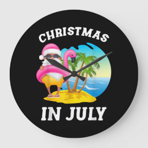 Christmas In July Santa Flamingo Pool Summer Large Clock