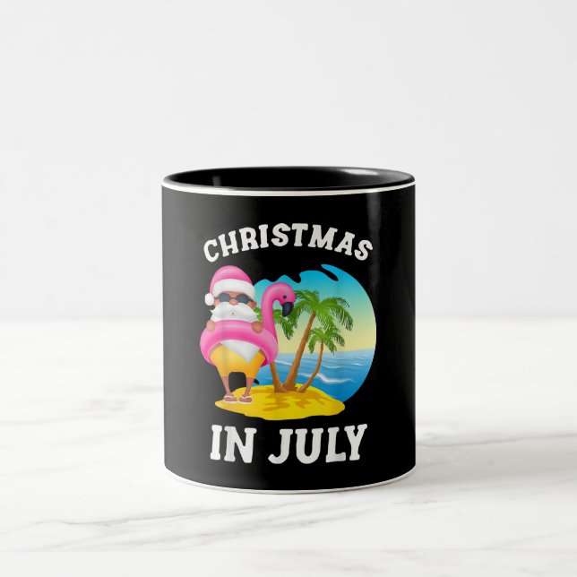Christmas In July Santa Flamingo Pool Summer Two-Tone Coffee Mug (Center)