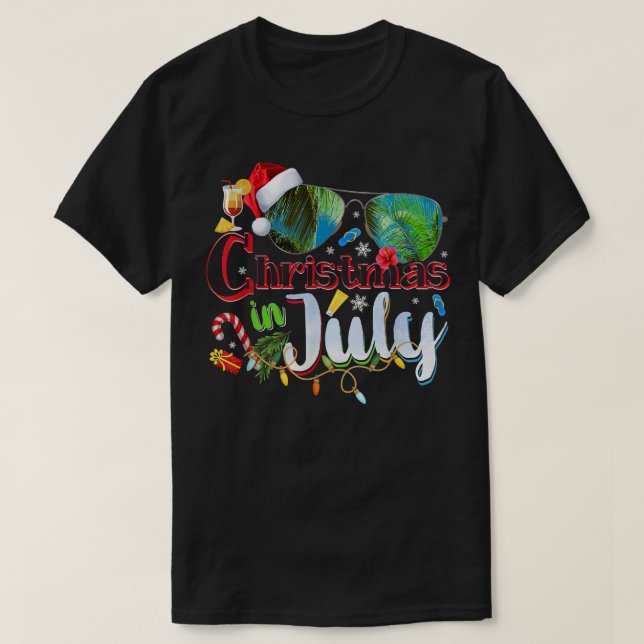 Christmas in July Santa Hat Sunglasses Hawaii Summ T-Shirt (Design Front)