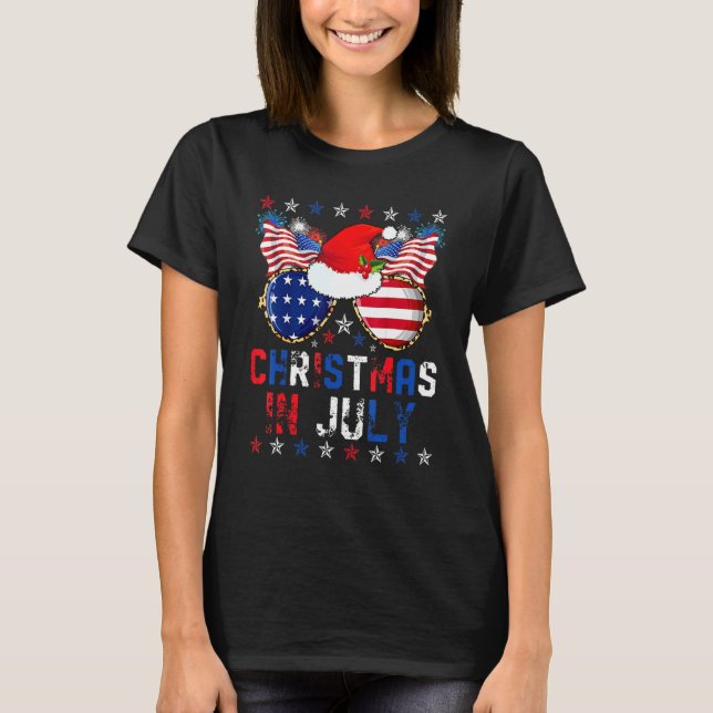 Christmas In July Santa Hat Sunglasses Summer 4th  T-Shirt (Front)