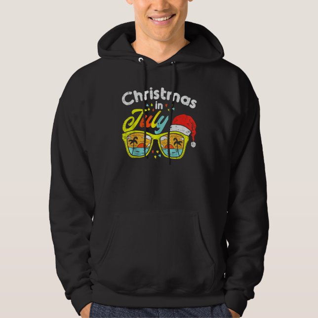 Christmas In July Santa Hat Sunglasses Summer Vaca Hoodie (Front)