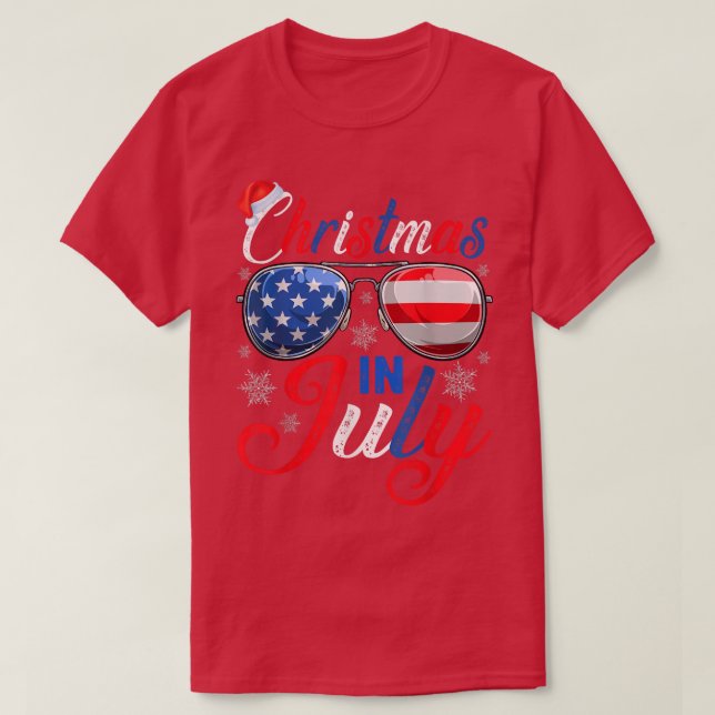 Christmas In July Santa Hat US Flag Sunglasses Sum T-Shirt (Design Front)
