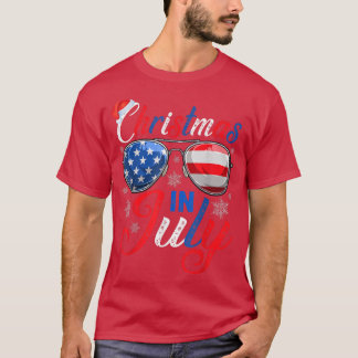Christmas In July Santa Hat US Flag Sunglasses Sum T-Shirt