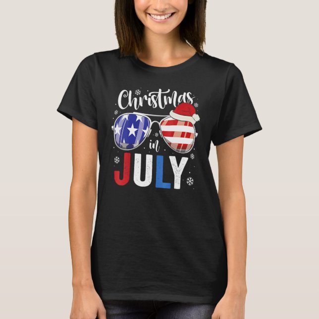 Christmas In July Santa Hat Usa Flag Sunglasses Su T-Shirt (Front)