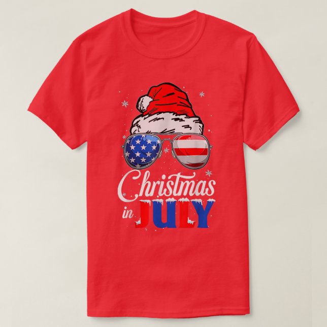 Christmas in July Santa Hat USA Flag Sunglasses Su T-Shirt (Design Front)