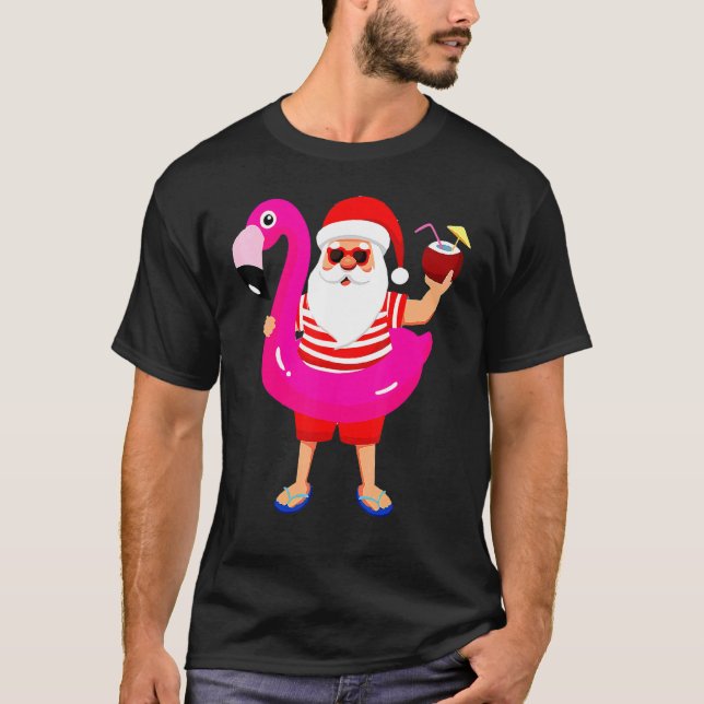 Christmas In July Santa Hawaii Sunglasses Flamingo T-Shirt (Front)