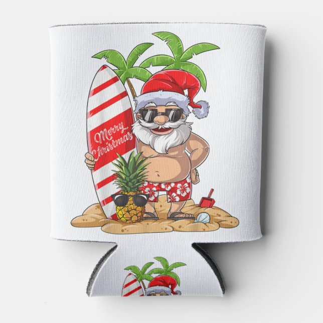 Christmas in July Santa Hawaiian Summer Surf Surfi Can Cooler (Front)