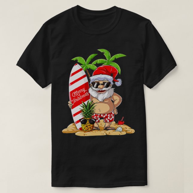 Christmas in July Santa Hawaiian Summer Surf Surfi T-Shirt (Design Front)