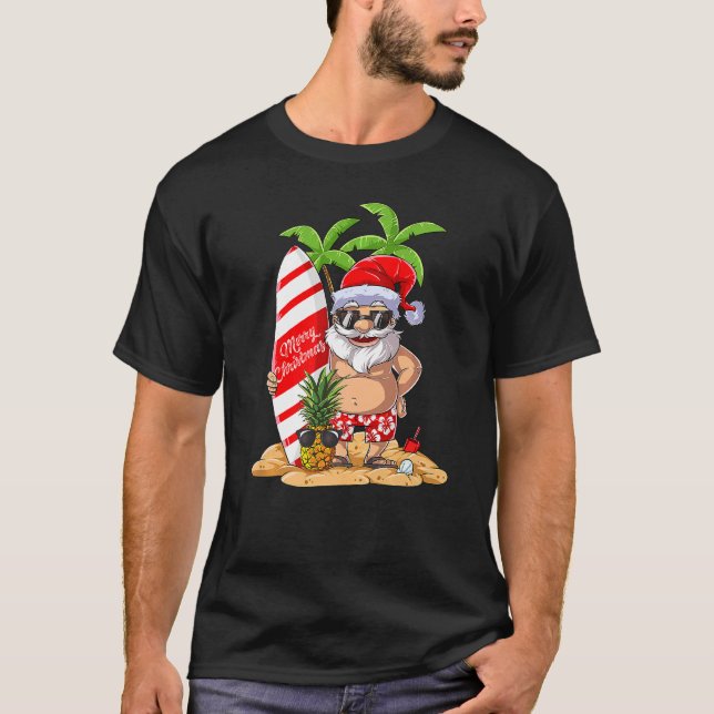 Christmas In July Santa Hawaiian Summer Surf Surfi T-Shirt (Front)
