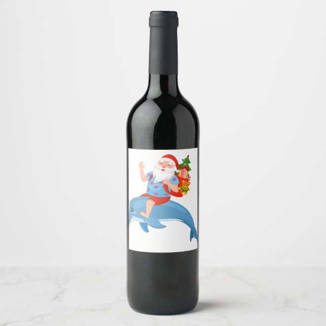 Christmas in July Santa Hawaiian Summer Surf Surfi Wine Label (Front)