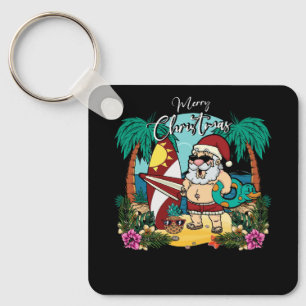 Christmas in July Santa Hawaiian Surfing Summer Su Key Ring