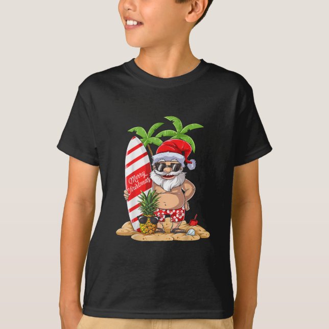 Christmas in July Santa Hawaiian Surfing T-Shirt (Front)