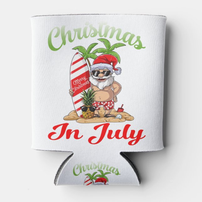 Christmas in July Santa Hawaiian Surfing T Shirt Can Cooler (Front)