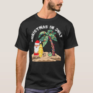 Christmas in July Santa Holding Surf Board on Trop T-Shirt