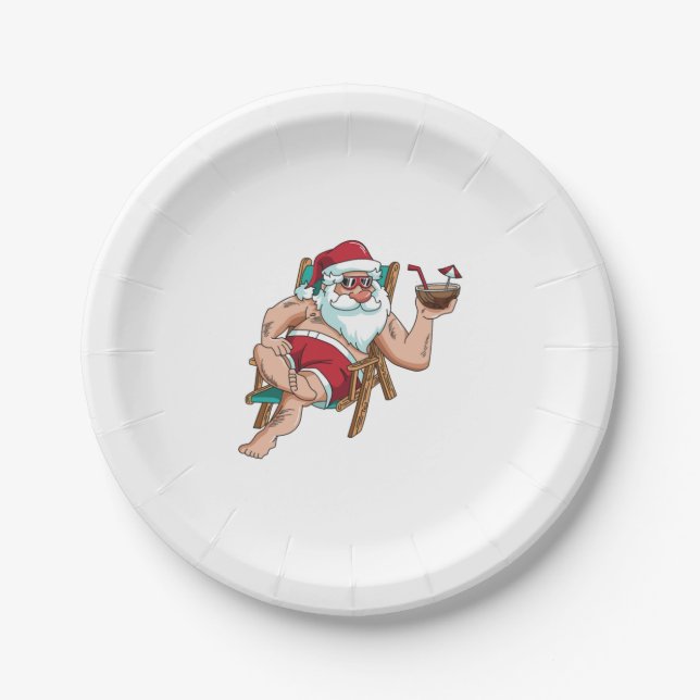 Christmas in July Santa on Beach Independence Day Paper Plate (Front)