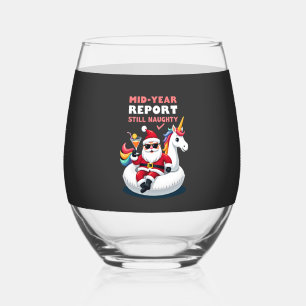 Christmas In July Santa on Unicorn Pool Float Stil Stemless Wine Glass