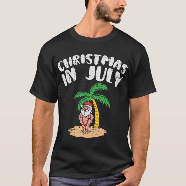 Christmas In July Santa Palm Tree Beach Summer Tro T-Shirt (Front)