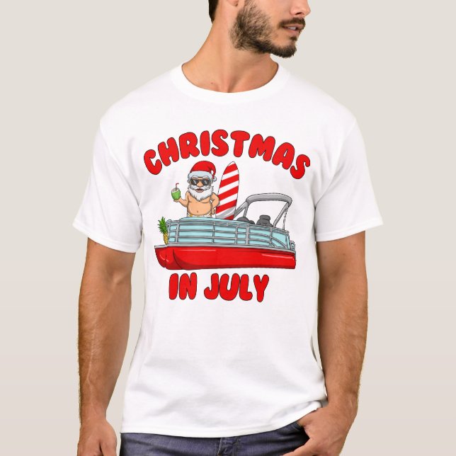 Christmas In July Santa Pontoon Boat Christmas T-Shirt (Front)