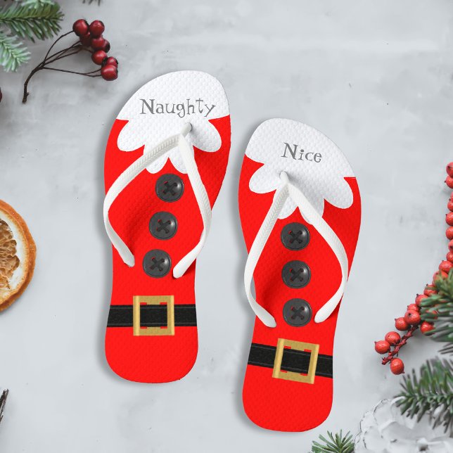 Christmas in July Santa Suit Naughty or Nice Red Flip Flops (Naughty and Nice festive flip flops just for you)