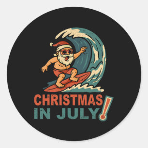 Christmas In July Santa Surfing Summer Hawaiian Ch Classic Round Sticker