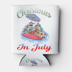 Christmas in July Santa Surfing T Shirt Summer Can Cooler