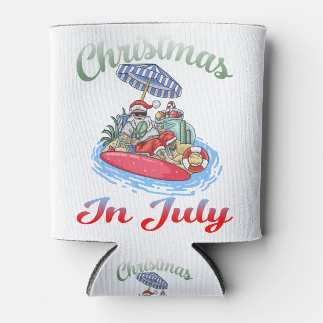 Christmas in July Santa Surfing T Shirt Summer Can Cooler (Front)