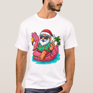 Christmas In July Santa Swimming At Pool Flamingo  T-Shirt