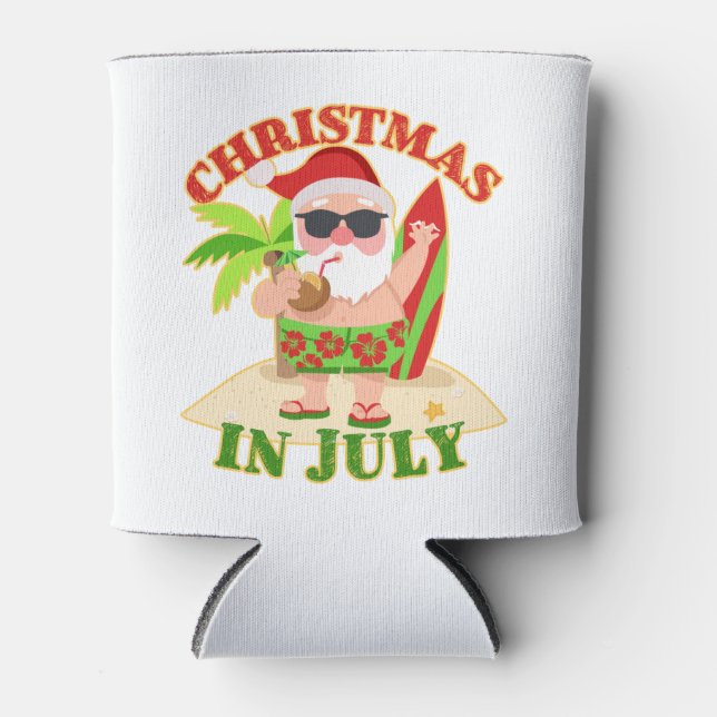 Christmas in July Santa with Surfboard Can Cooler (Front)