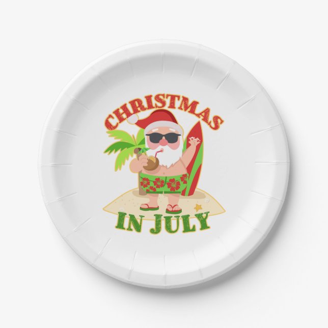 Christmas in July Santa with Surfboard Paper Plate (Front)