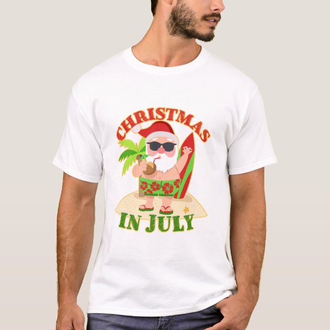 Christmas in July Santa with Surfboard T-Shirt (Front)