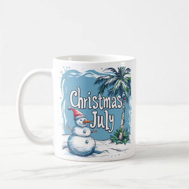 Christmas in July Snowman & Palm Tree Design Coffee Mug (Left)
