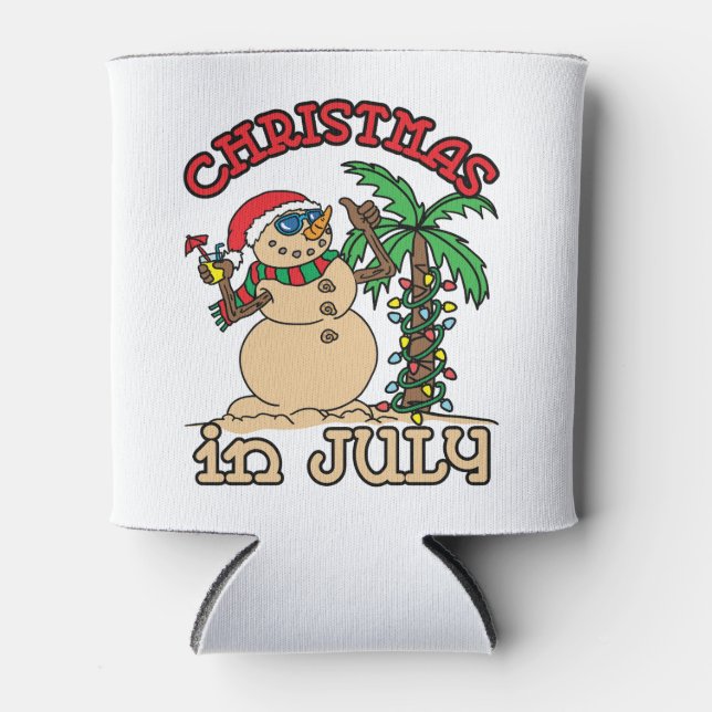 Christmas in July Snowman Sand Beach Can Cooler (Front)